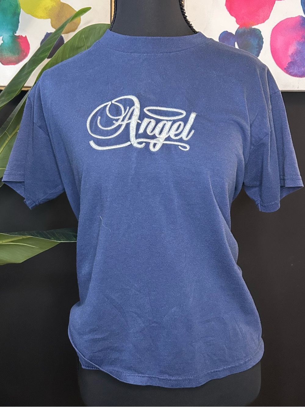 Y2K Angel Script Graphic Baby Tee in Navy